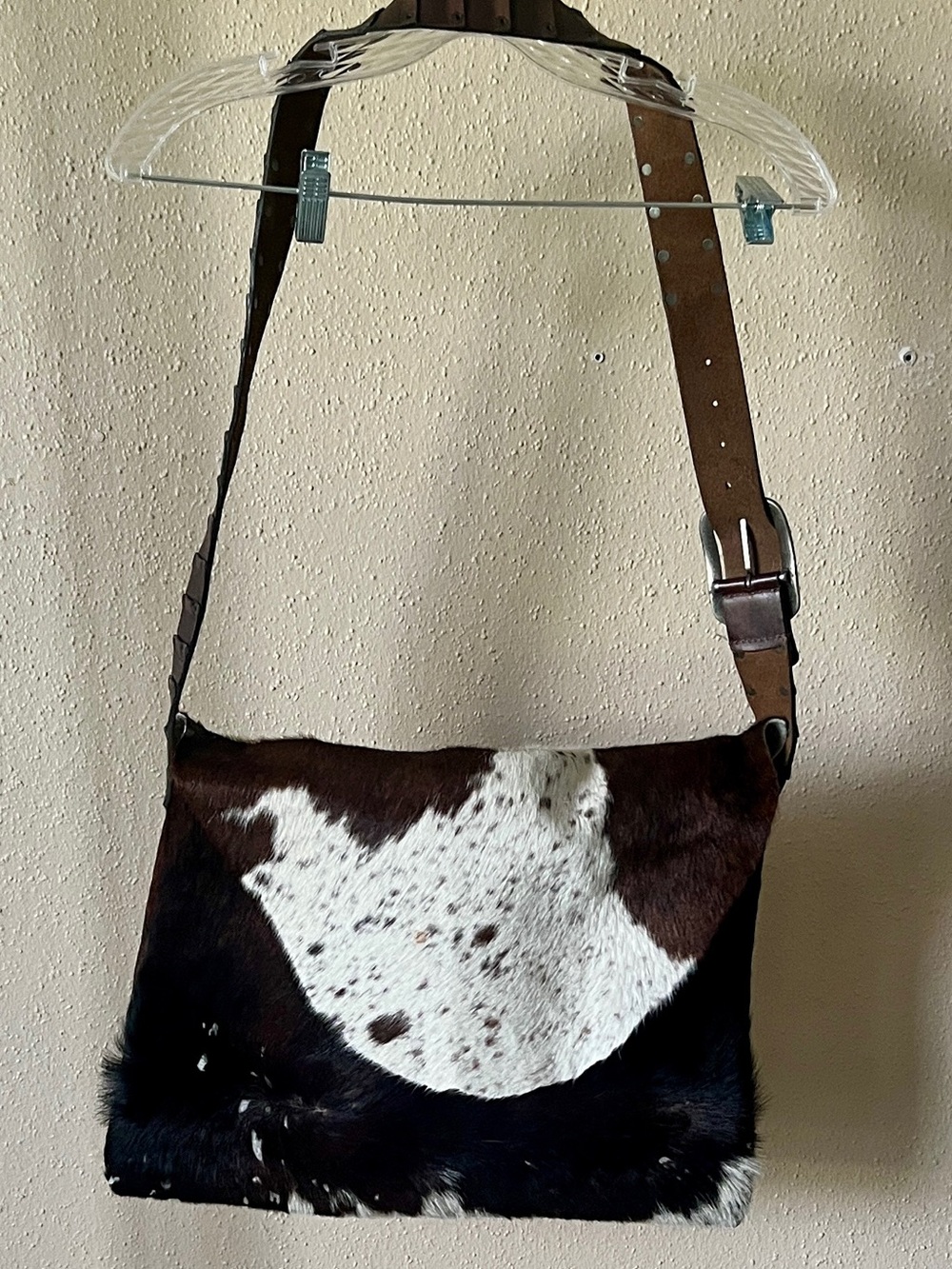 Brown and White Cowhide Crossbody Bag with Adjustable Strap